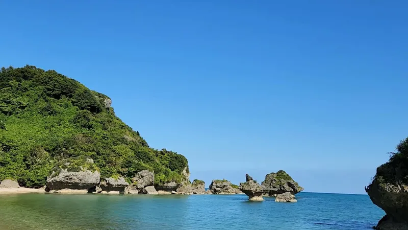 Acantilados rocosos y rocas cubiertas de vegetación a lo largo del mar turquesa de Hamahigajima