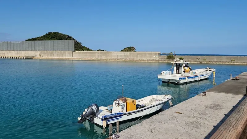 Barcos de pesca amarrados en un pequeño puerto en Hamahigajima