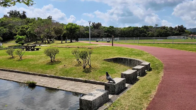 Pista de atletismo roja con un pájaro en el Parque Deportivo de Kitanakagusuku Okinawa