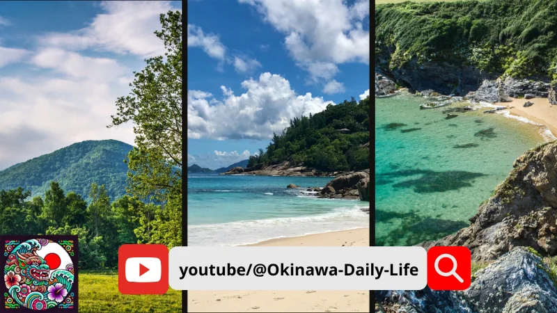 Imagen de tres paneles que muestra una montaña, una playa y una costa rocosa con el logotipo de YouTube y el enlace al canal Okinawa Daily Life